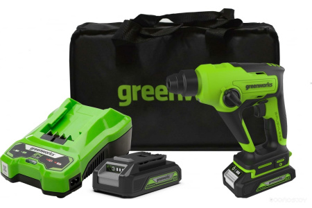 Перфоратор аккумуляторный Greenworks 24V GD24SDS1K2 (1хАКБ 2Ач и ЗУ) 1.2Дж в сумке